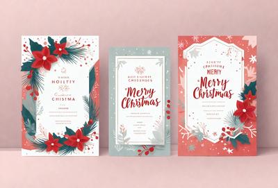 The image features three Christmas cards with different designs. The cards are placed on a pink surface, which adds a festive touch to the scene. The cards are likely used for holiday greetings and are decorated with various elements such as flowers, snowflakes, and trees. The colors and designs of the cards create a warm and joyful atmosphere, typical of the holiday season.